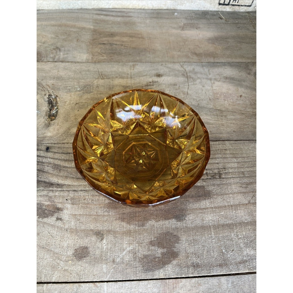Vintage Amber  Round Cut Glass Candy, Nut Dish  1970s Trinket Dish Candy‎ Dish